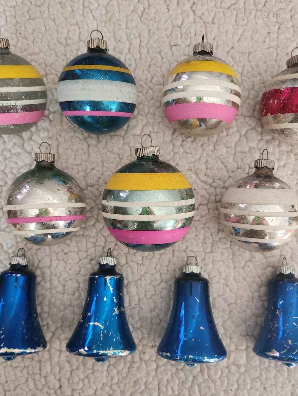 11 Vintage Shiny Brite Glass Christmas Ornaments Striped & Bells